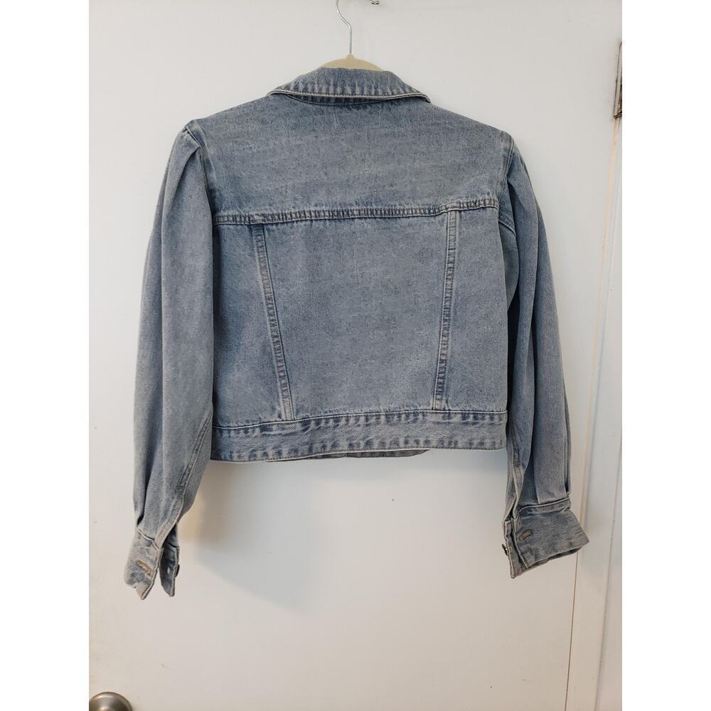 Denim Jacket Womens Large Light Wash Cropped Puff Shoulder Unworn NWOT Mable L - Picture 10 of 16